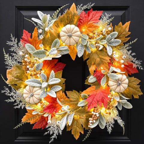 Wizcave front door wreath hung on entryway showing warm seasonal welcome