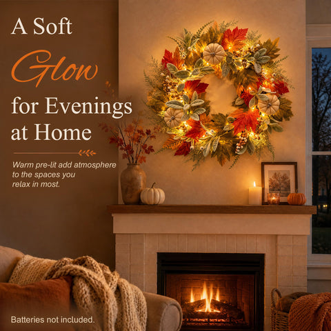 Wizcave wreath lit at night showing gentle warm ambient glow