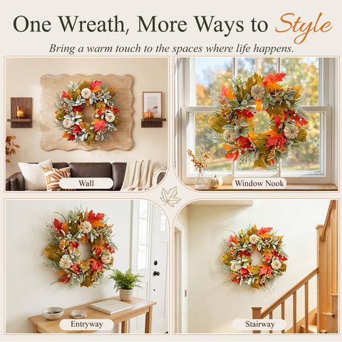 Wizcave wreath on door for size comparison showing ideal 22-inch scale