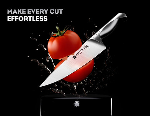 WIZEKA chef's knife edge close-up demonstrating razor-sharp precise slicing