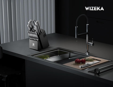 WIZEKA chef's knife chopping vegetables illustrating efficient meal prep speed