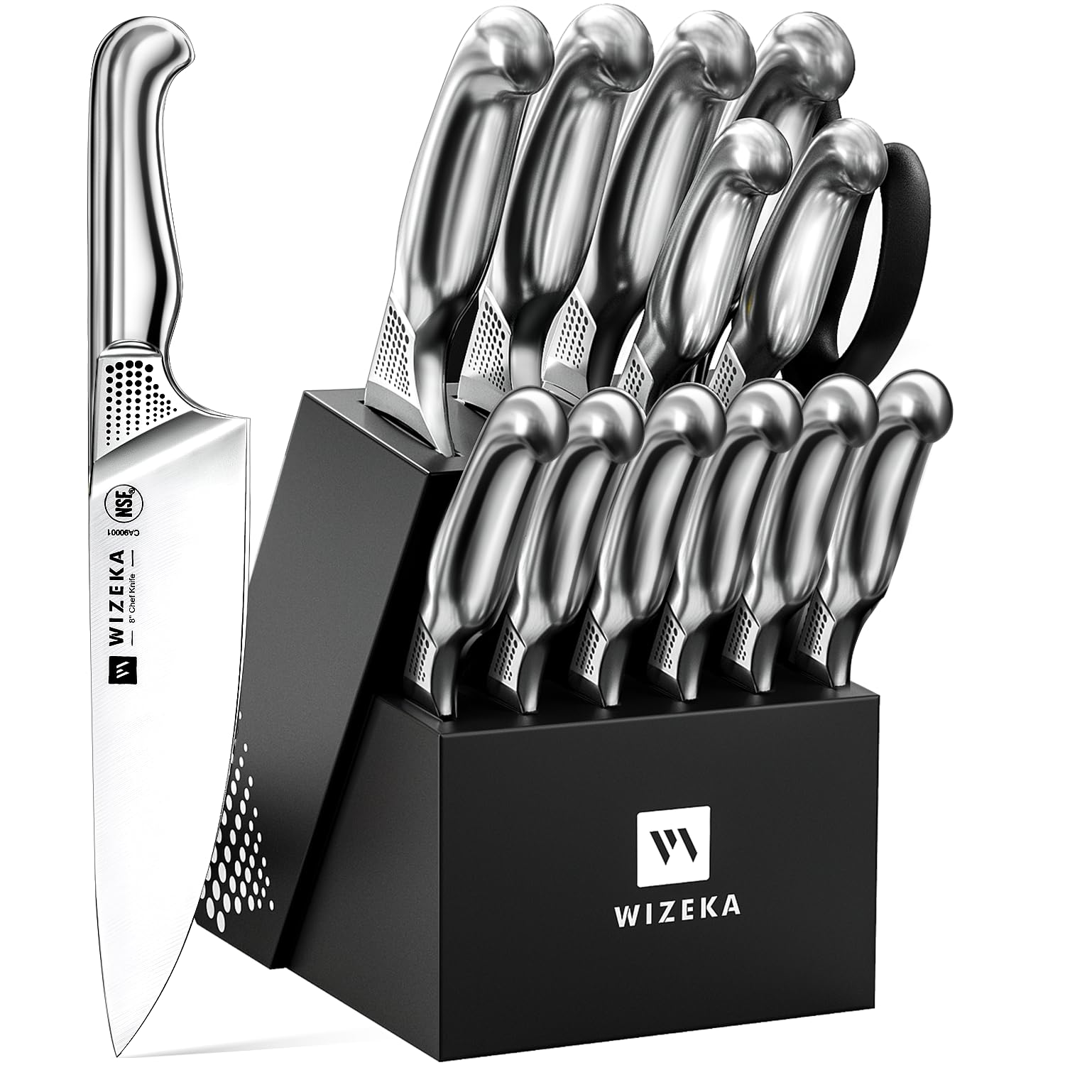 WIZEKA front view of full 15-piece set showing organized block and knives, ready access benefit