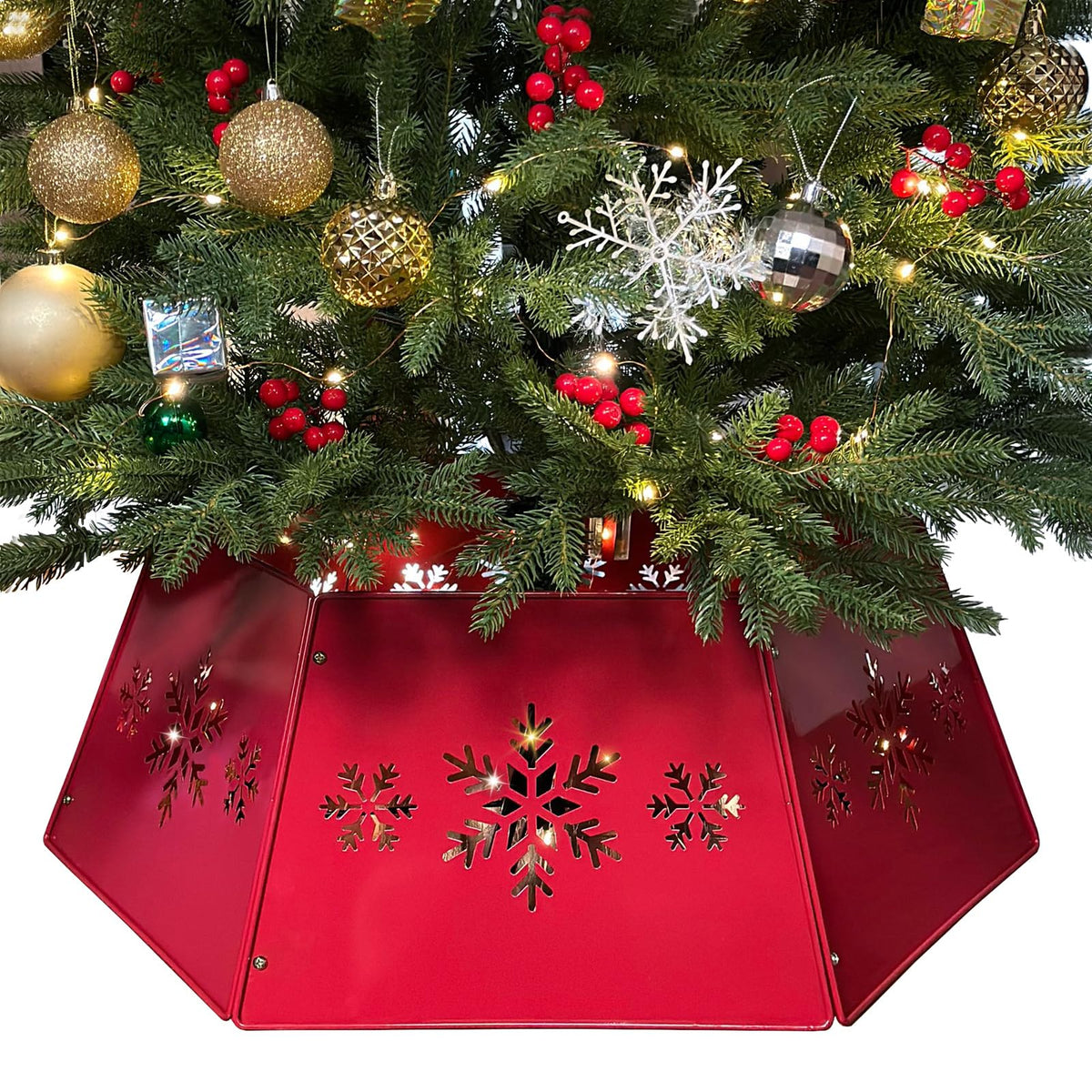 WKHOMEDECO front view of red snowflake tree collar for tidy tree base