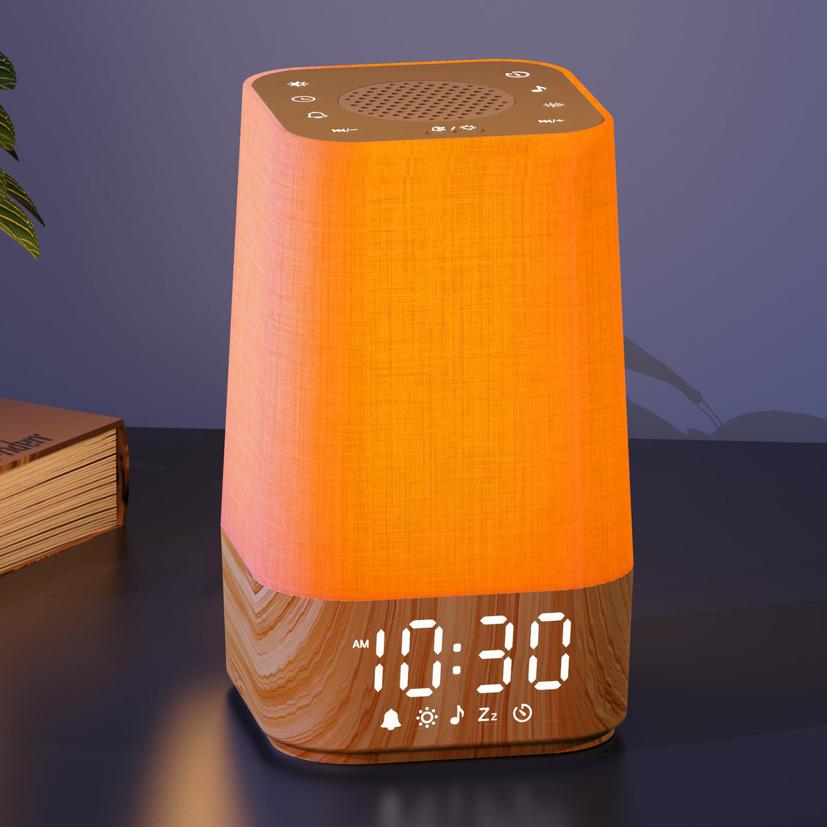 Wkzay front view showing wood grain body and wake-up light for calming mornings
