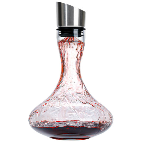 Wlasss front view of hand-blown decanter showing elegant shape and crystal clarity