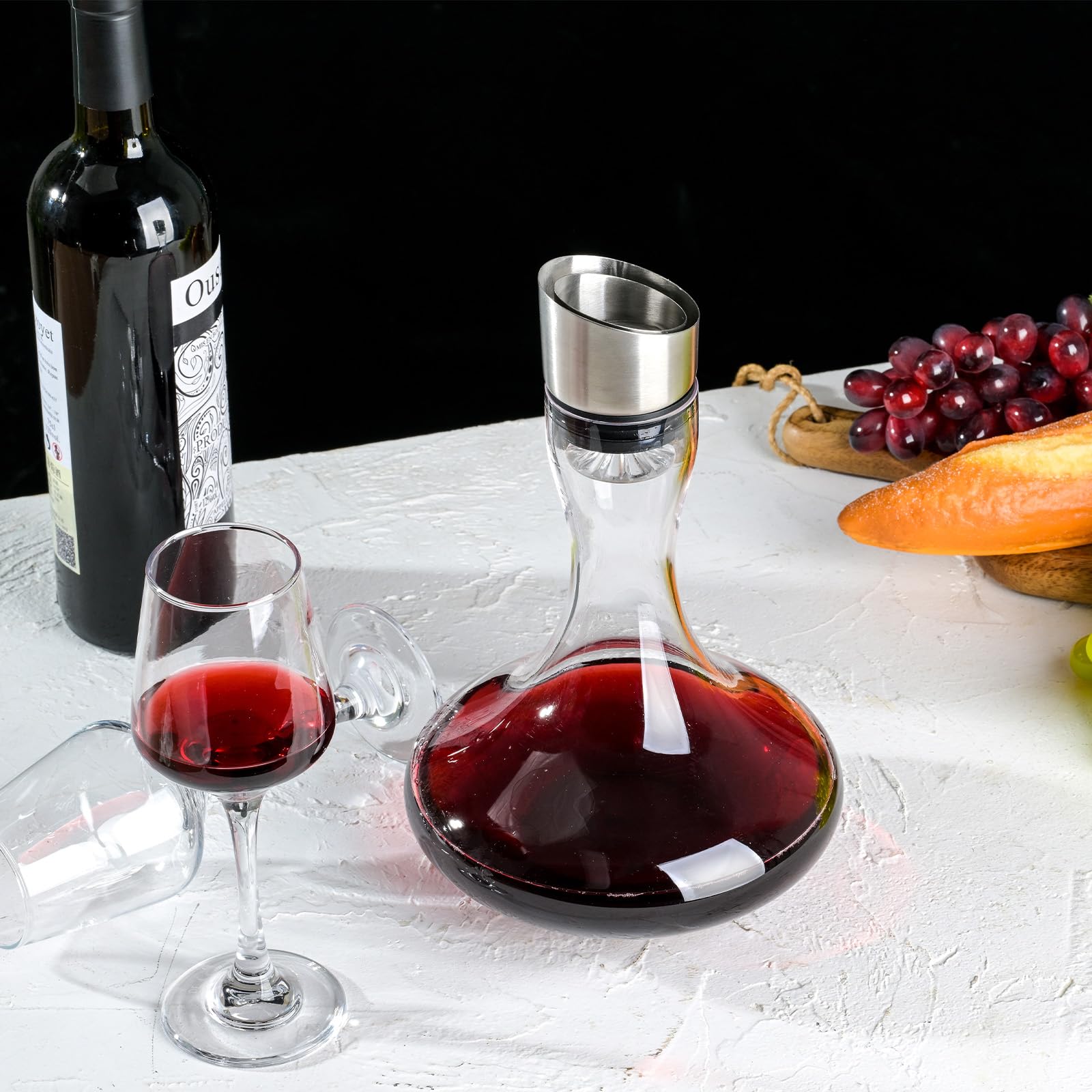 Wlasss decanter in use pouring wine into glass for improved aroma release