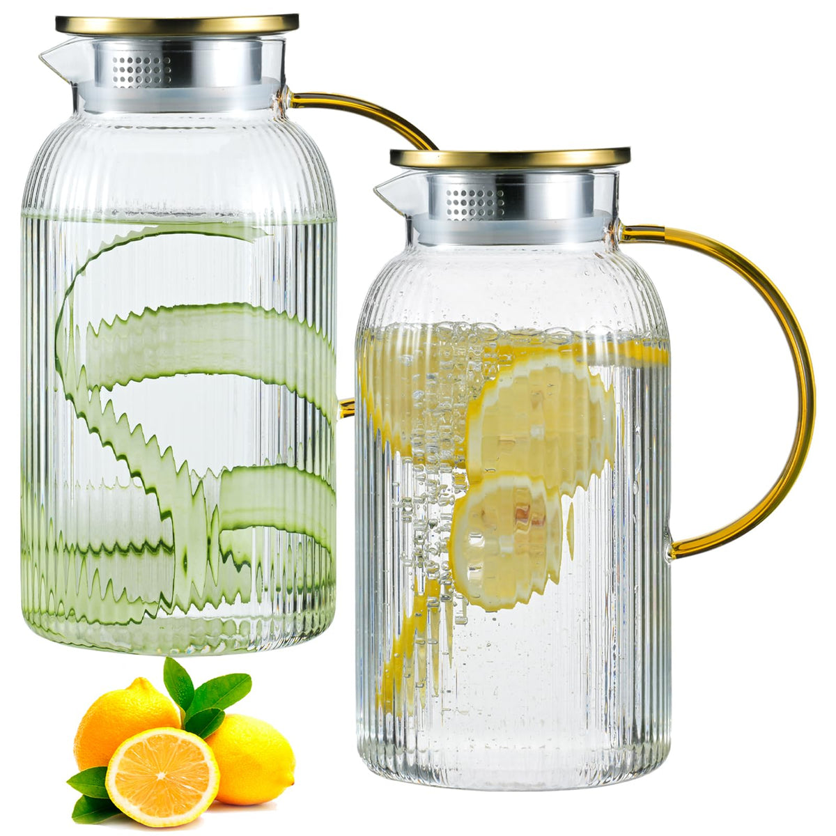 Wlasss front view of glass pitcher set showing modern stripes and capacity benefits