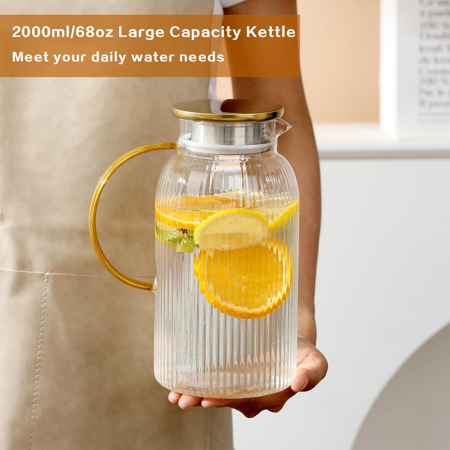 Wlasss pitcher next to a drinking glass for scale, showing generous 2 L capacity