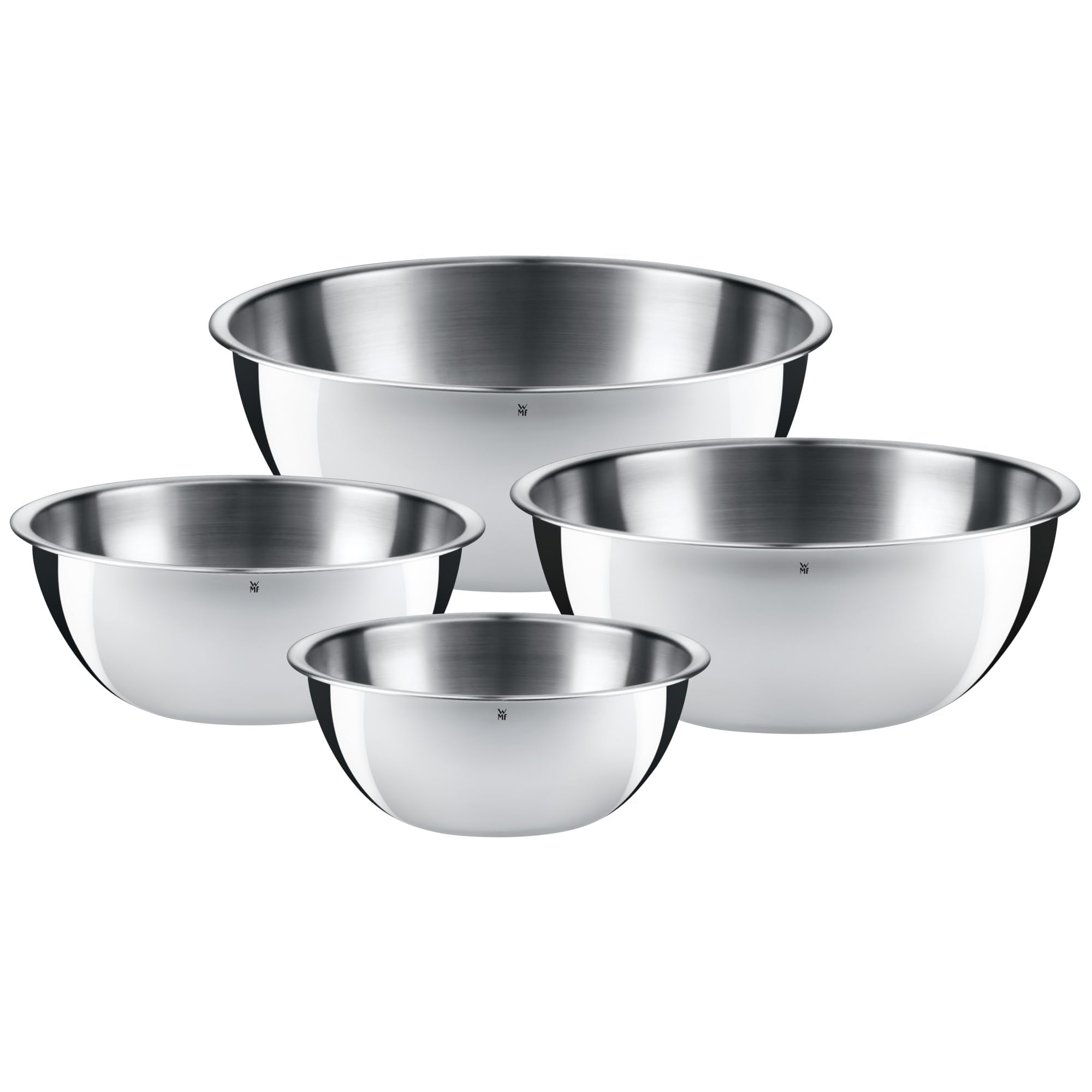 WMF front view of 4-piece bowl set showing sizes and polished finish benefits