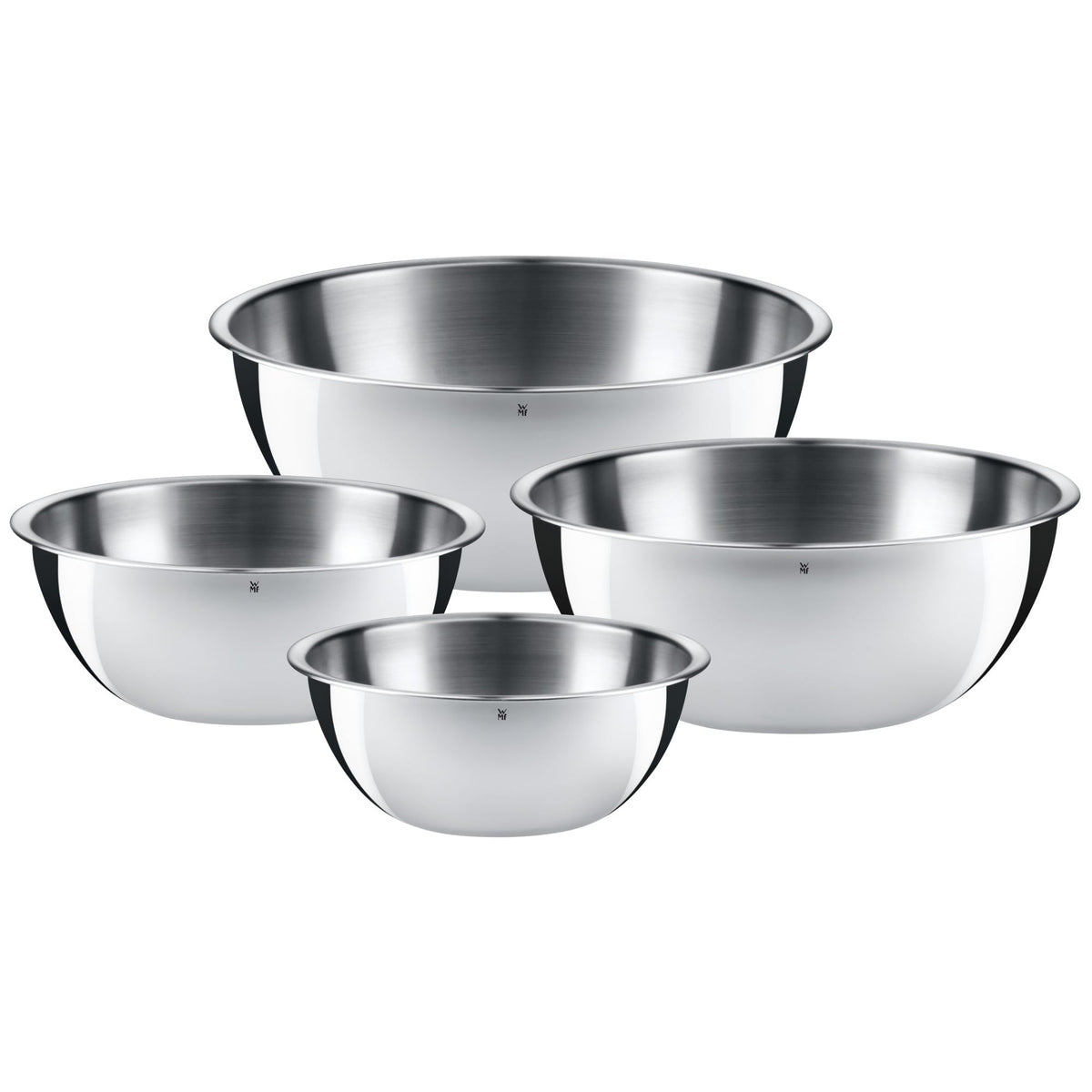 WMF front view of 4-piece bowl set showing sizes and polished finish benefits