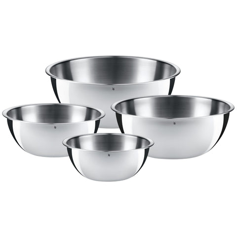 WMF front view of 4-piece bowl set showing sizes and polished finish benefits