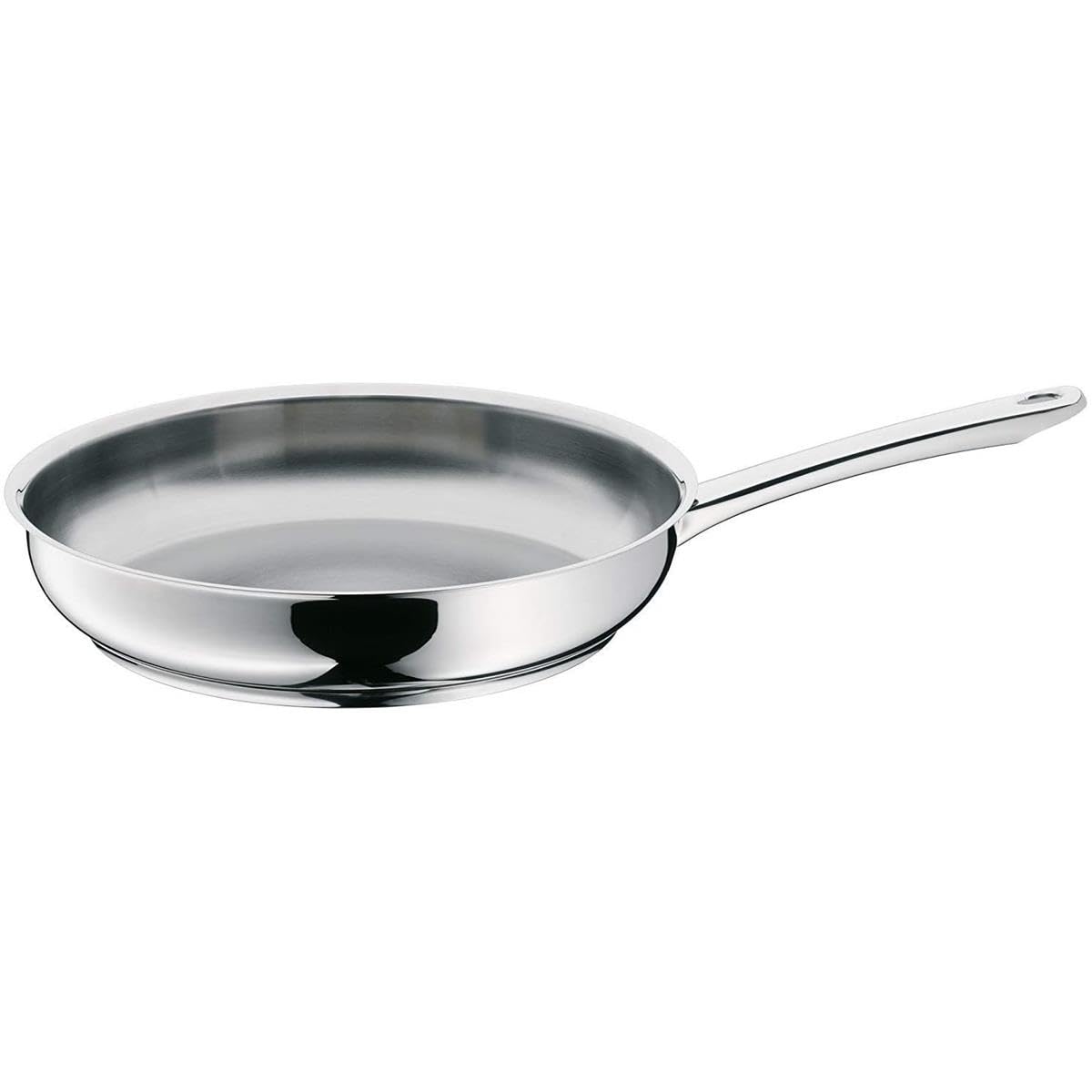 WMF Profi-Pfannen front view showing polished Cromargan finish and cooking surface benefit