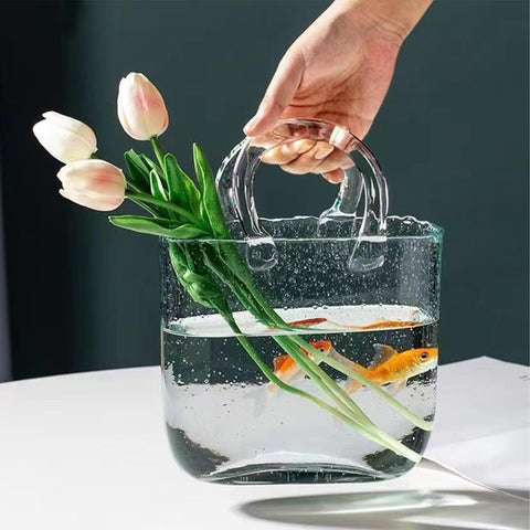 WMM glass purse vase front view showing clear handbag silhouette and elegant display benefit
