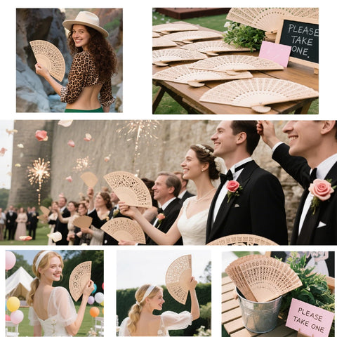 Wobe guest using fan at outdoor ceremony providing immediate cooling