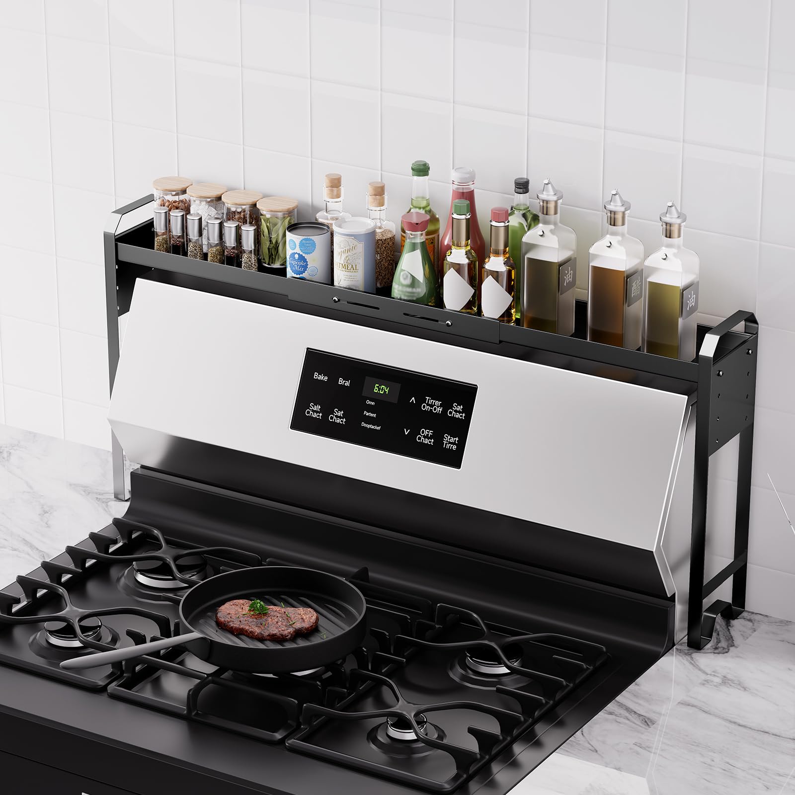WOCHUANGSI front view of black over-the-stove shelf, saves counter space