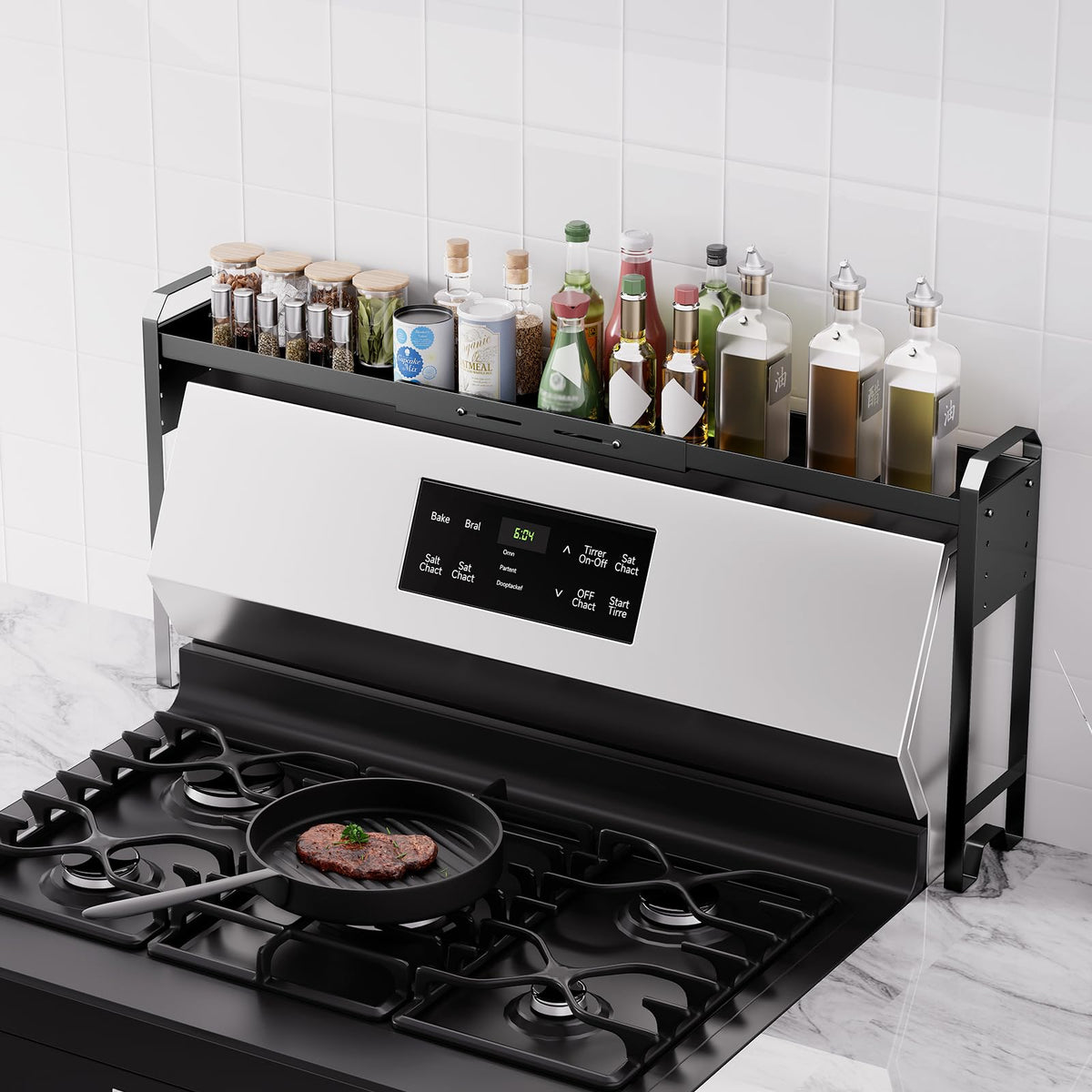 WOCHUANGSI front view of black over-the-stove shelf, saves counter space