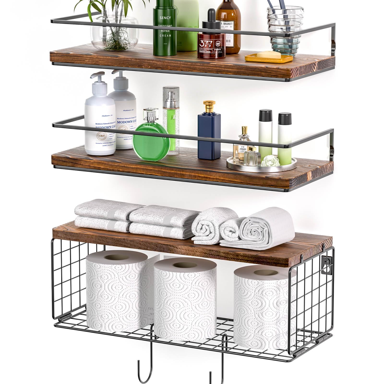 WOCOPIA front view of wall-mounted shelves showing space-saving benefit