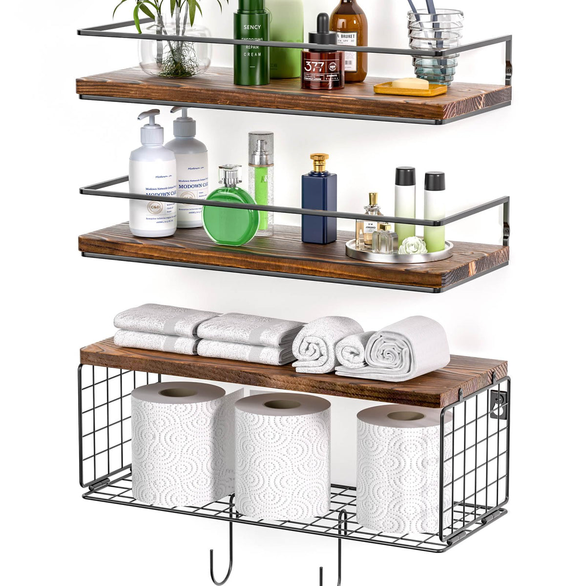 WOCOPIA front view of wall-mounted shelves showing space-saving benefit