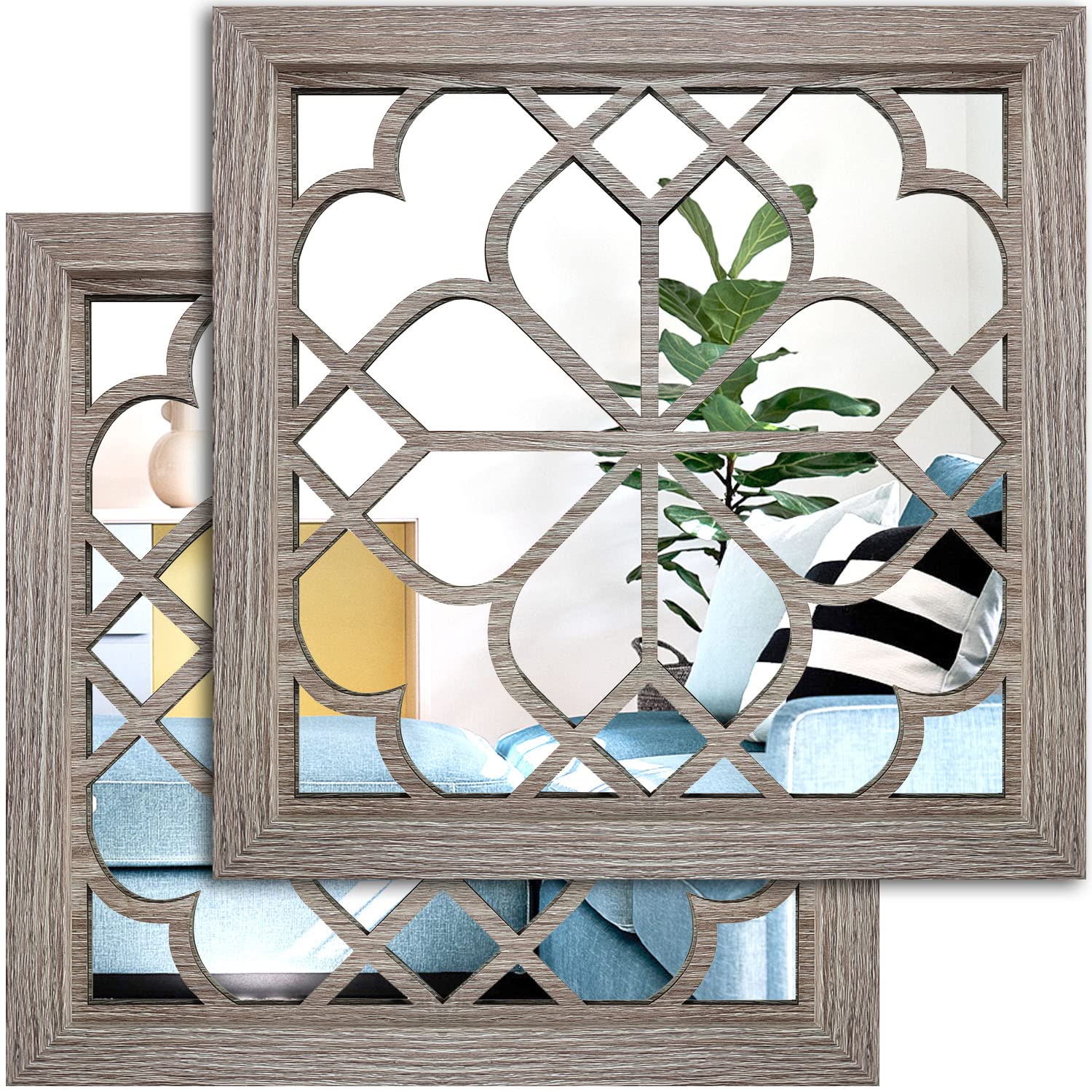 Wocred front view showing barn wood frame and square mirror, adds rustic charm