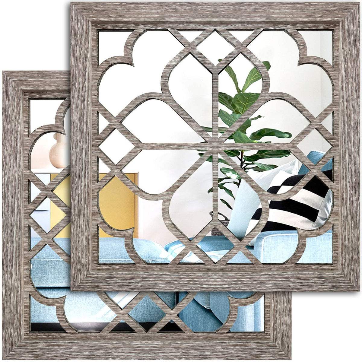 Wocred front view showing barn wood frame and square mirror, adds rustic charm