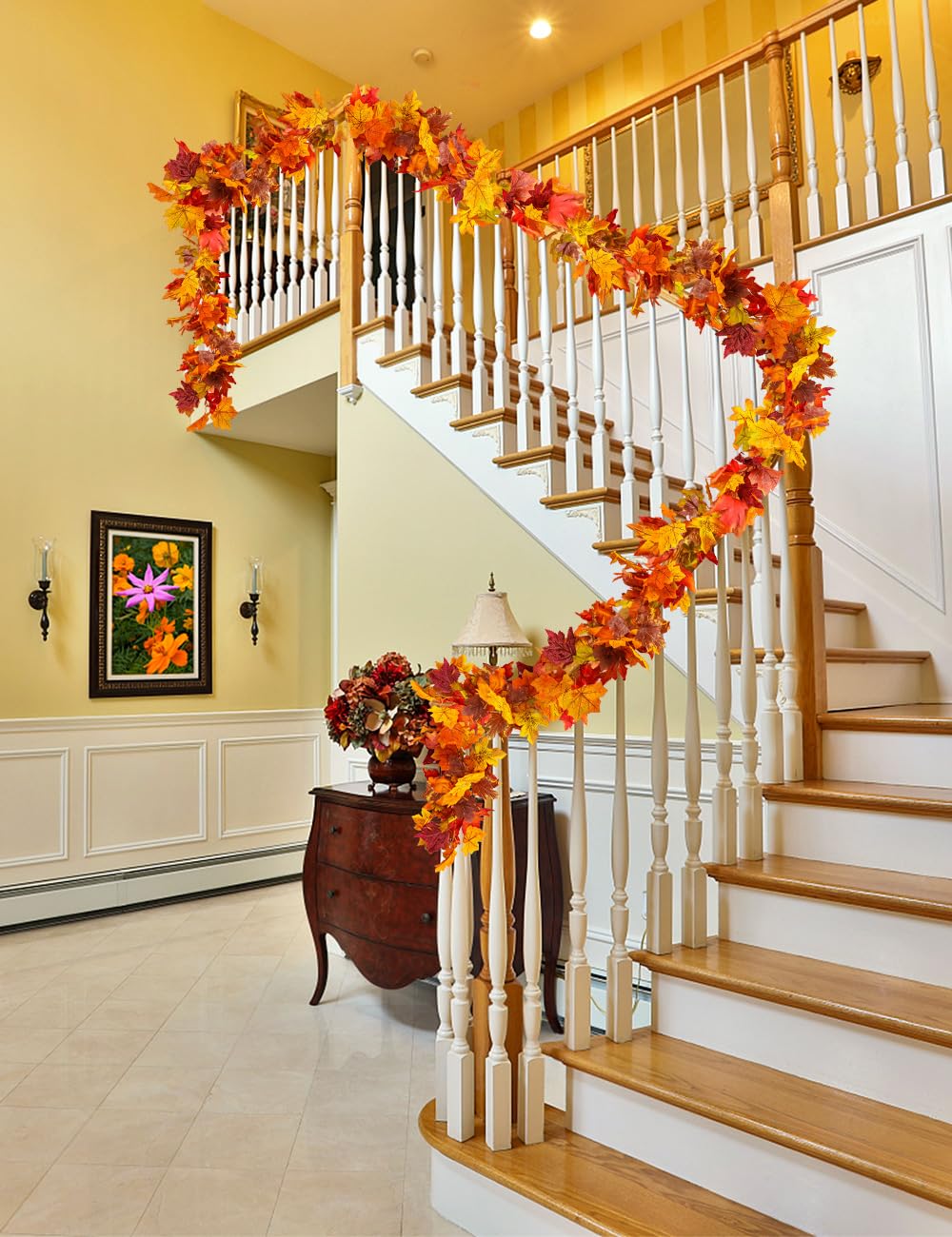 WOHOHOHO garland draped on mantel adding cozy autumn ambiance
