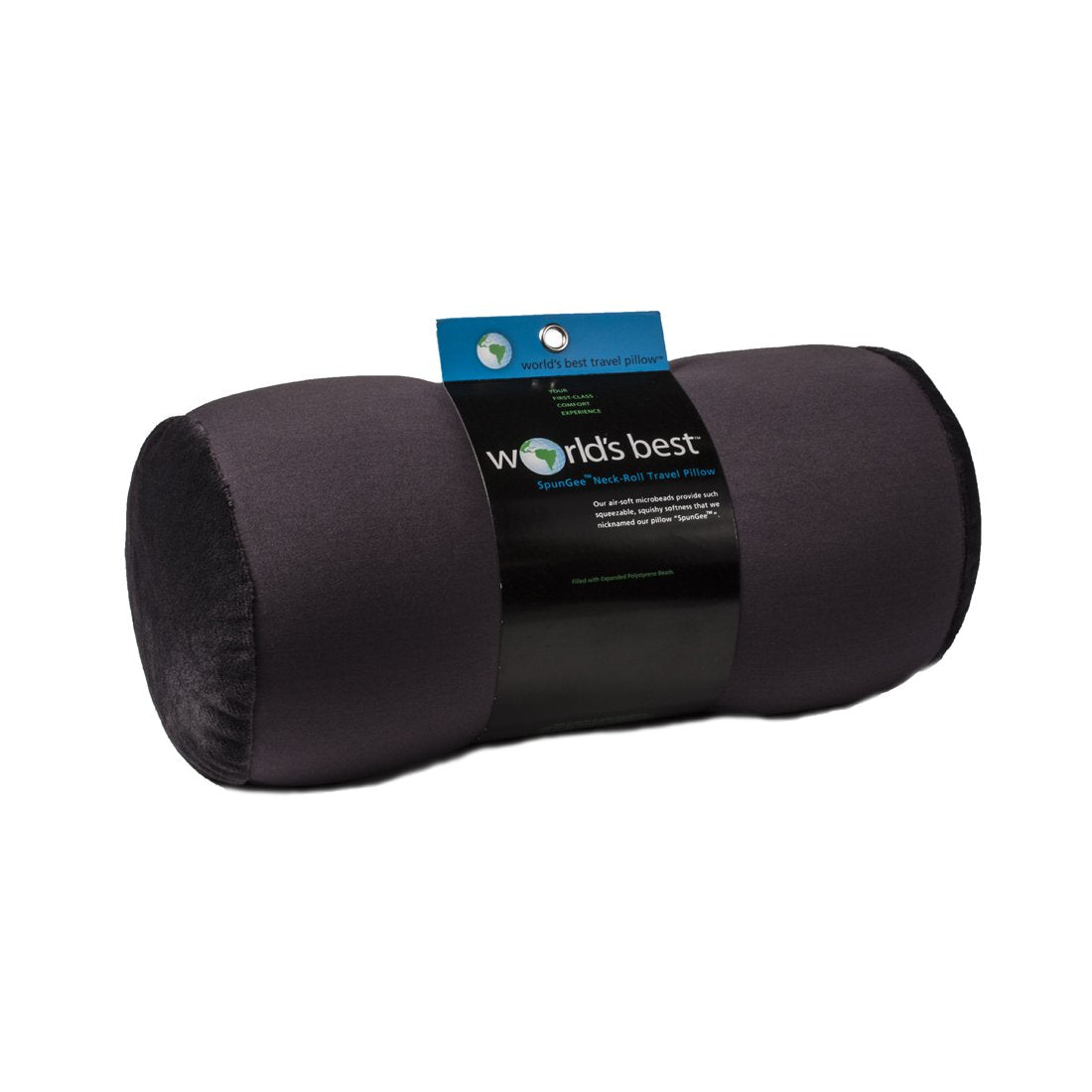 Wolf Essentials charcoal bolster front view showing compact travel-ready shape and clip