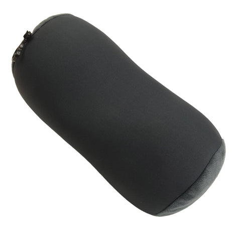 Wolf Essentials pillow clipped to backpack in transit showing portable neck support benefit