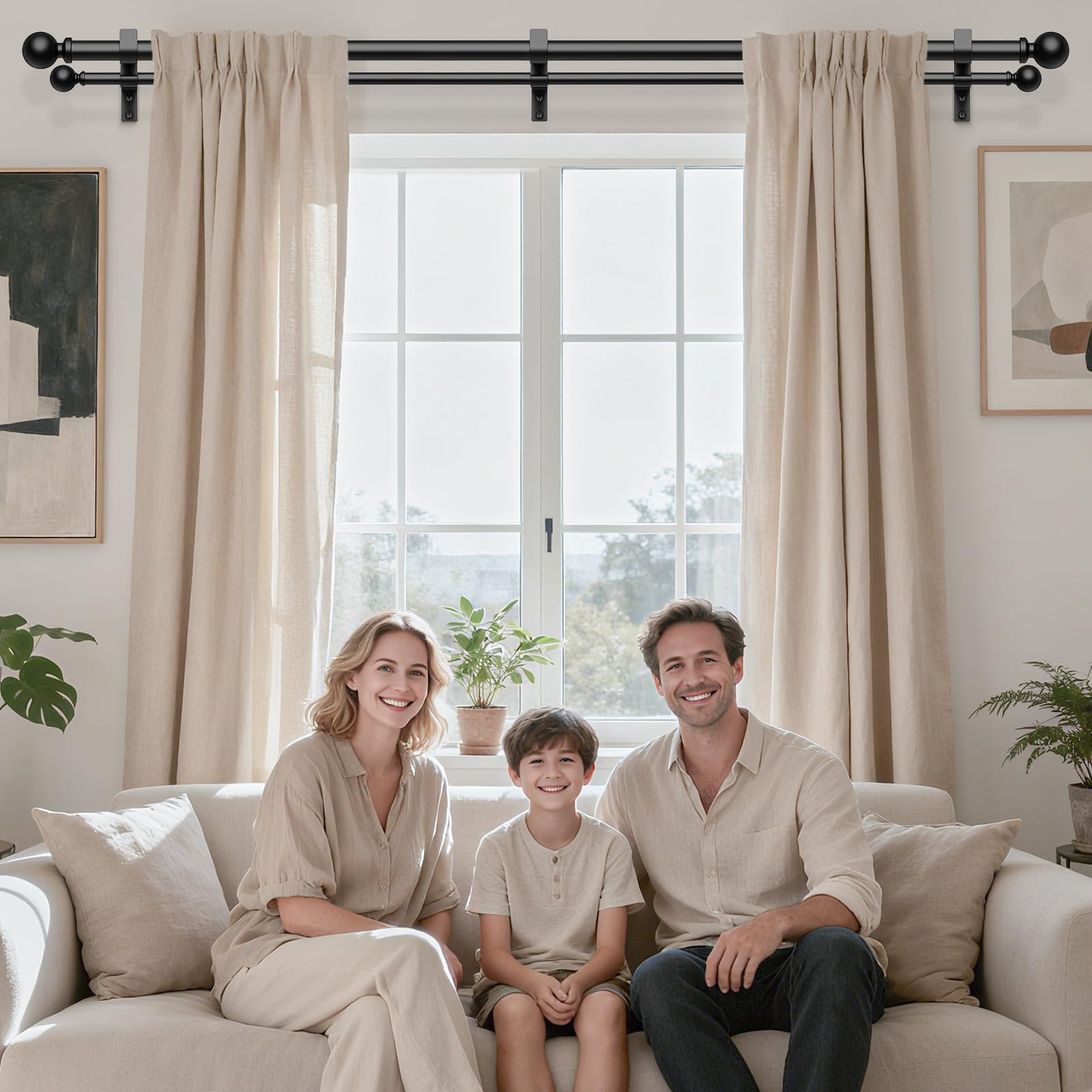 Wolistsa double rod in living room holding sheer and blackout curtains neatly