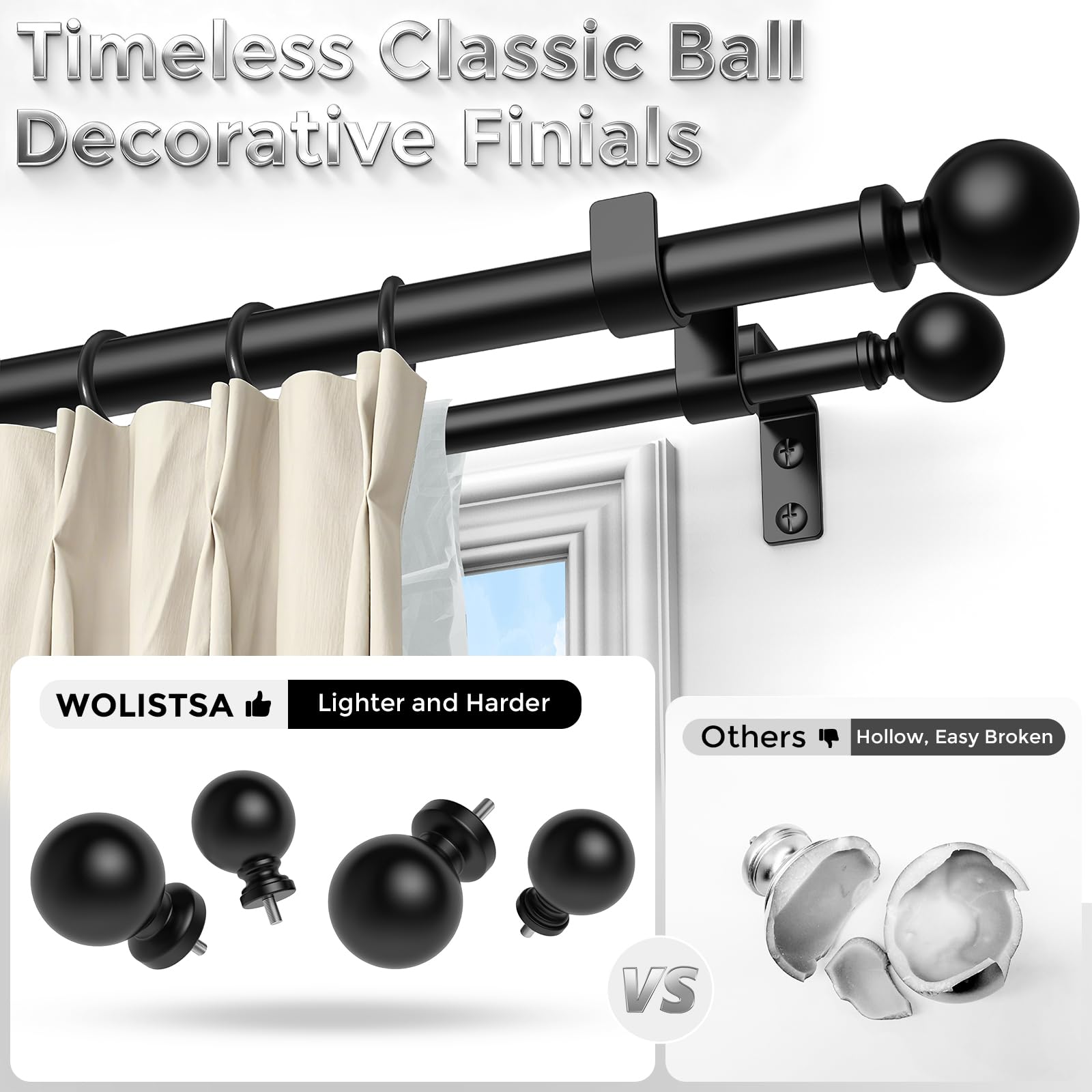 Wolistsa round finial close-up with elegant black detail and secure fit