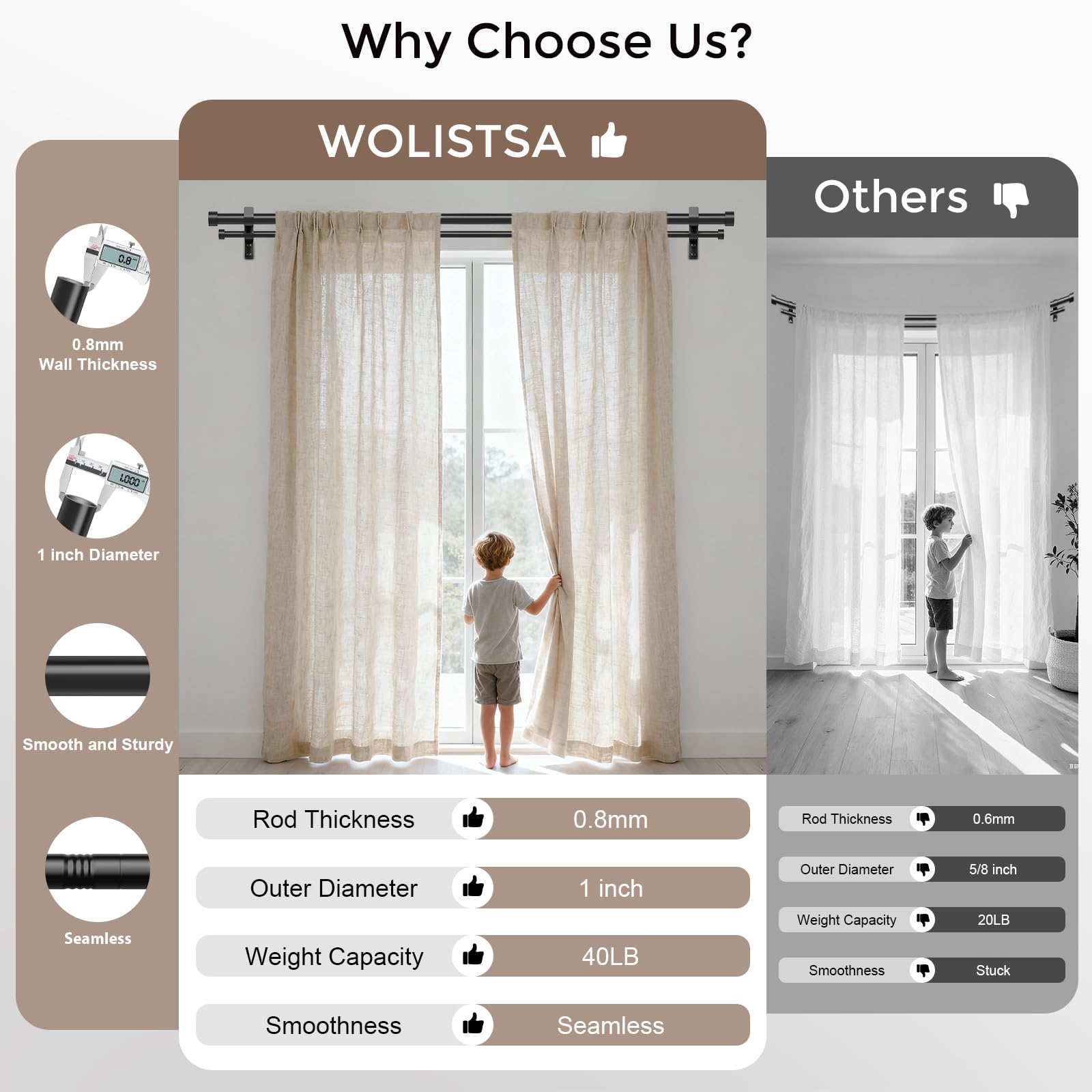 Wolistsa mounted rod with layered curtains showing smooth glide and neat layered styling benefit