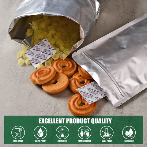 Wolobag oxygen absorbers and labels arranged to show organized long-term packing