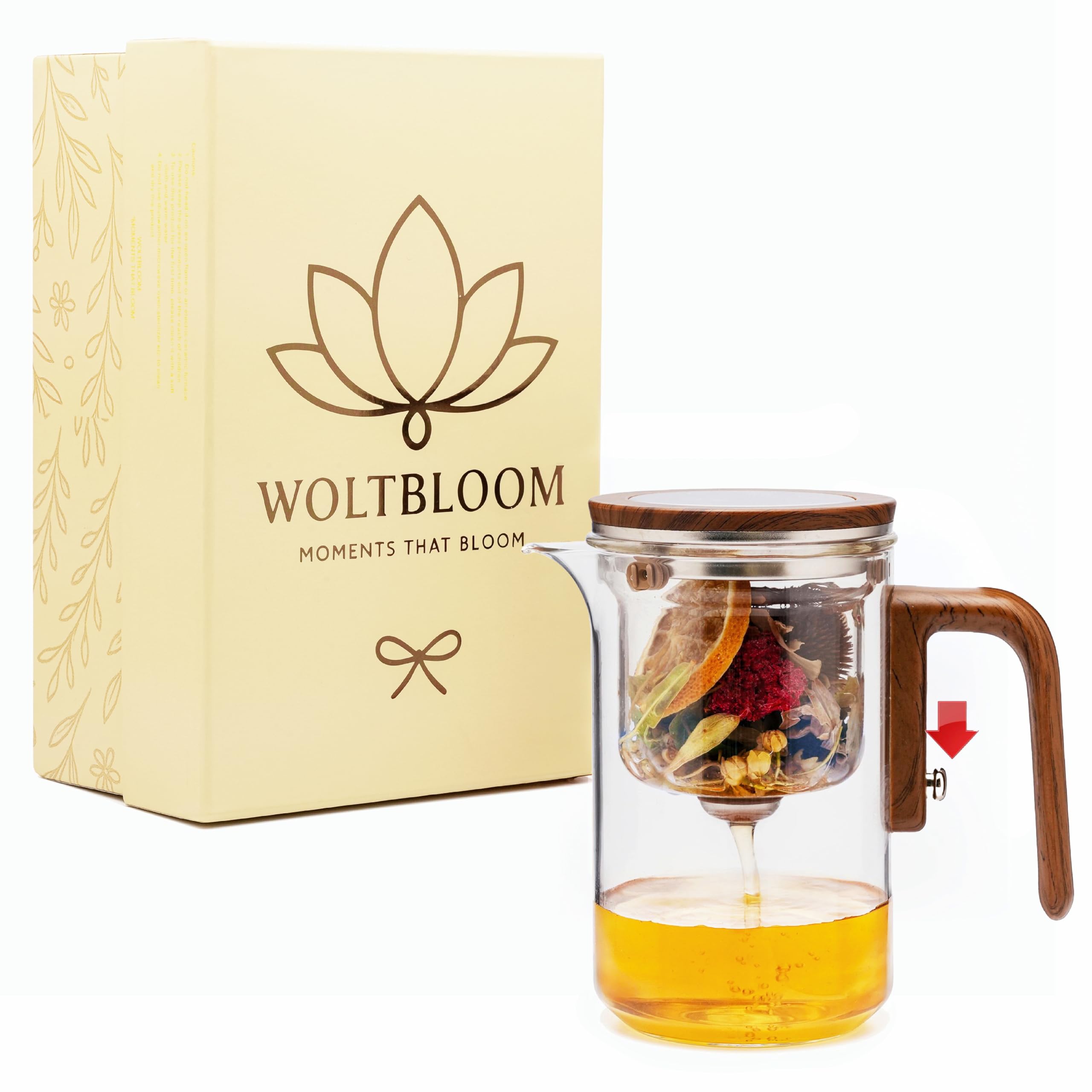 WOLTBLOOM front view of glass teapot showing clear design and capacity
