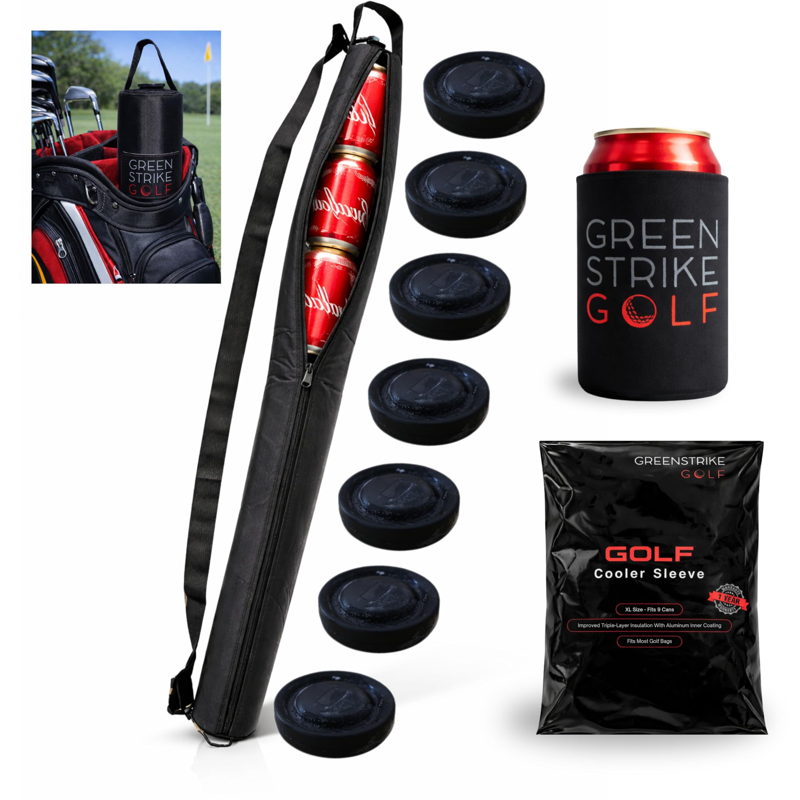 WOLVIO front view of cooler sleeve showing zip and capacity, keeps drinks ready