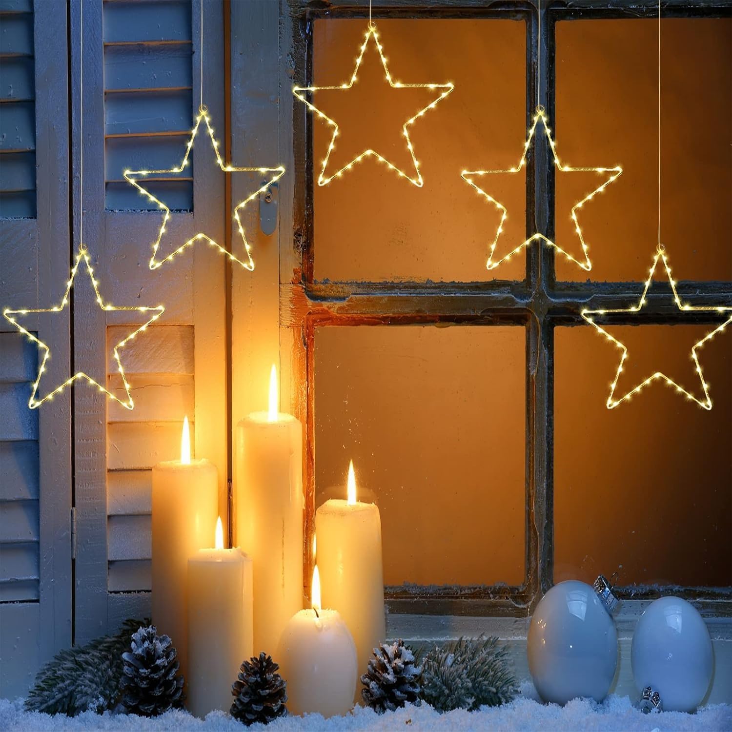 wominoy front packaging showing five battery-operated star lights and remotes for easy setup