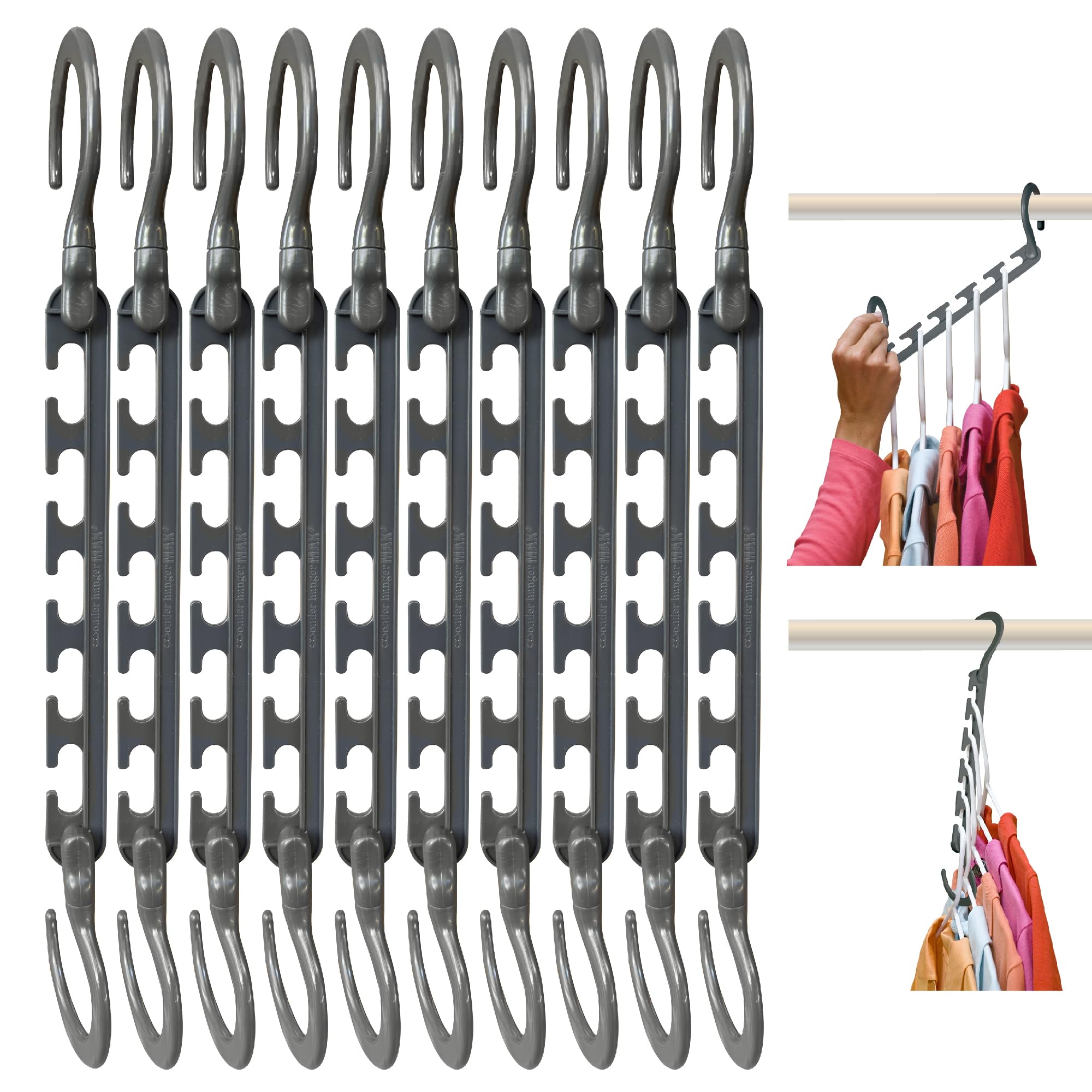 Wonder Hanger front packaging showing 10-pack and grey finish for instant organization