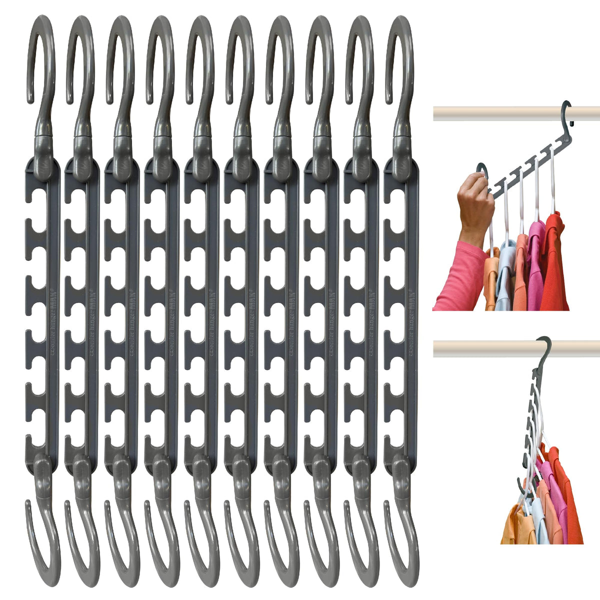 Wonder Hanger front packaging showing 10-pack and grey finish for instant organization
