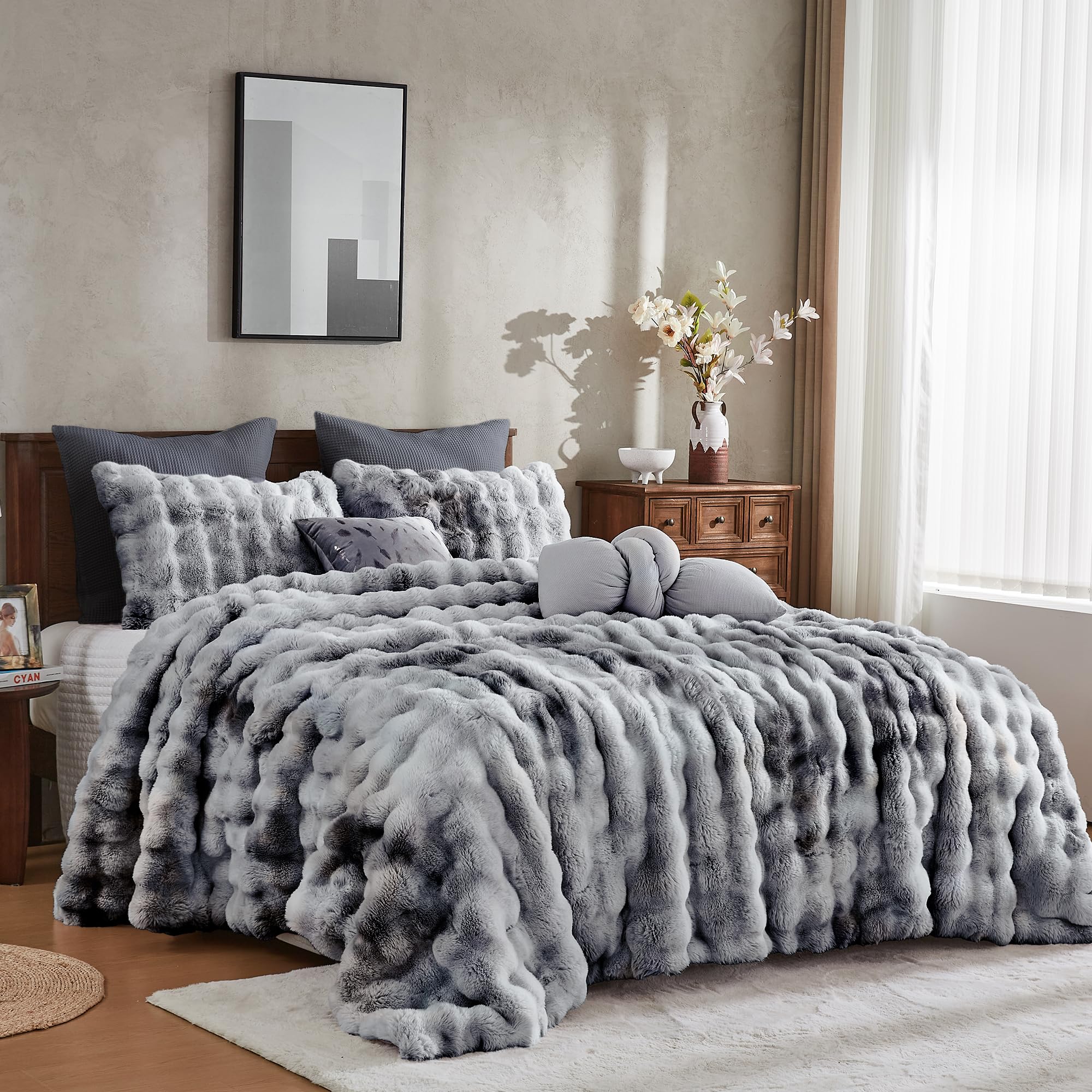 Wonderful close-up of faux rabbit fur pile highlighting smooth, anti-static softness benefit