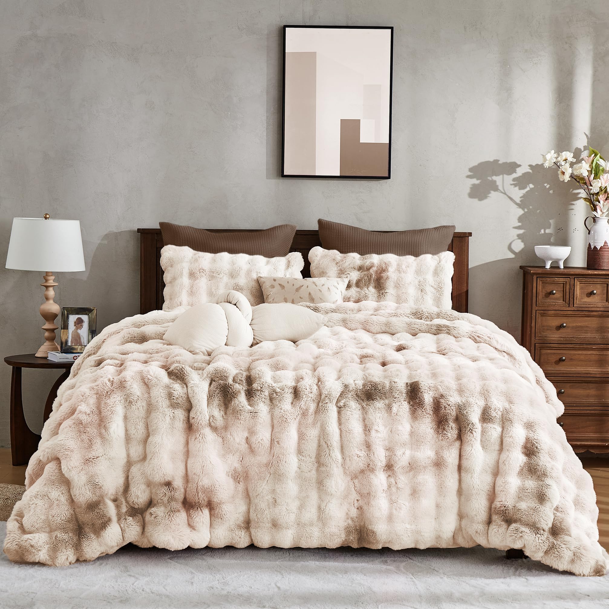 Wonderful front view king comforter showing full beige tie-dye and plush styling for cozy decor