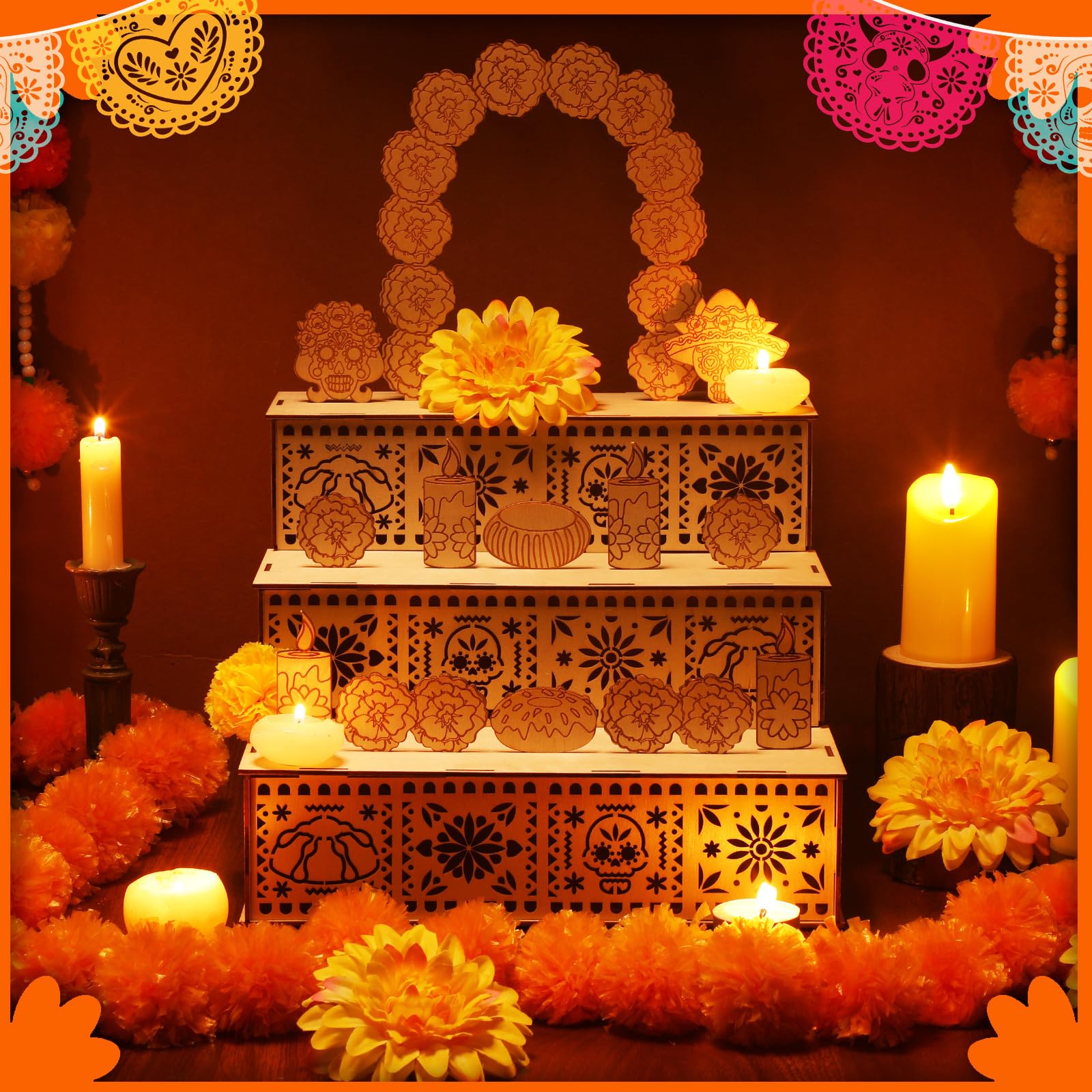 Wonderjune decorated with marigolds showing festive Dia de los Muertos styling