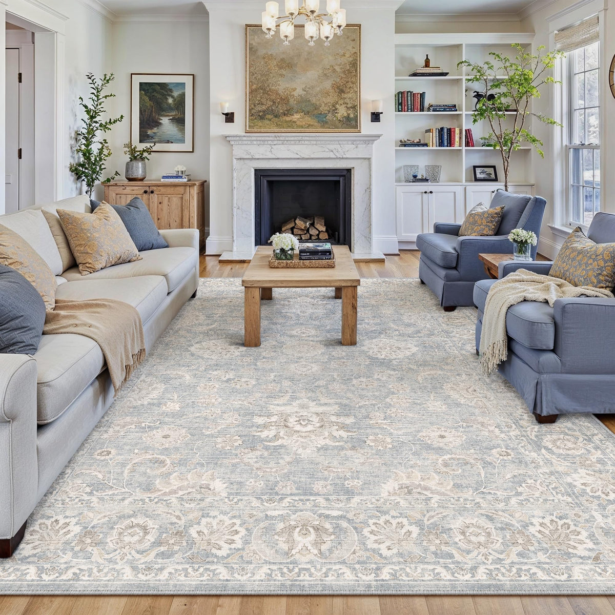 WondRg front view showing blue cream rug and balanced styling benefit