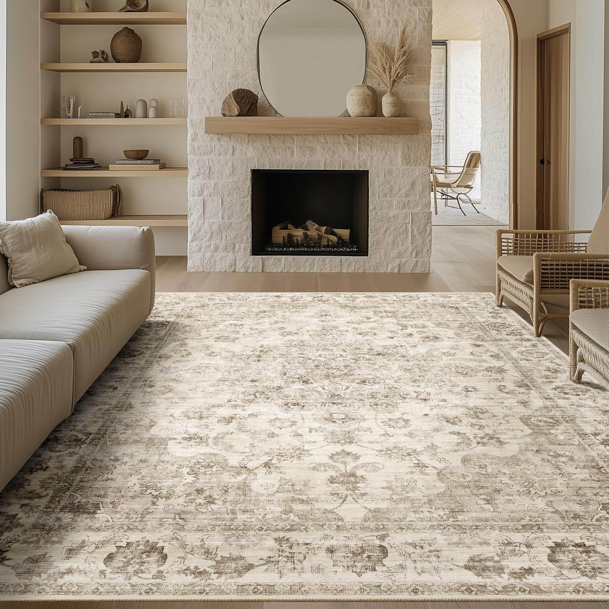 WondRg front view of beige rug showing full layout and warm tones