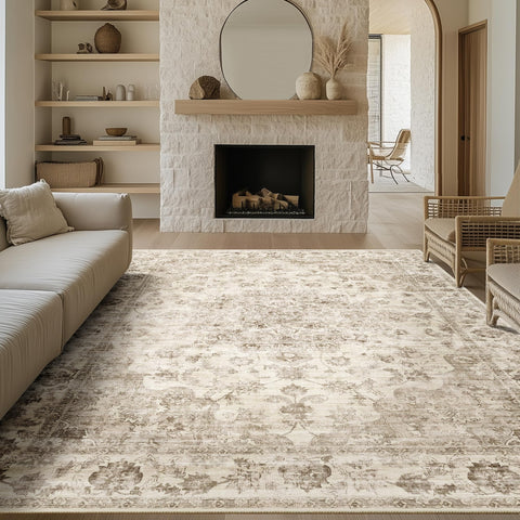 WondRg front view of beige rug showing full layout and warm tones