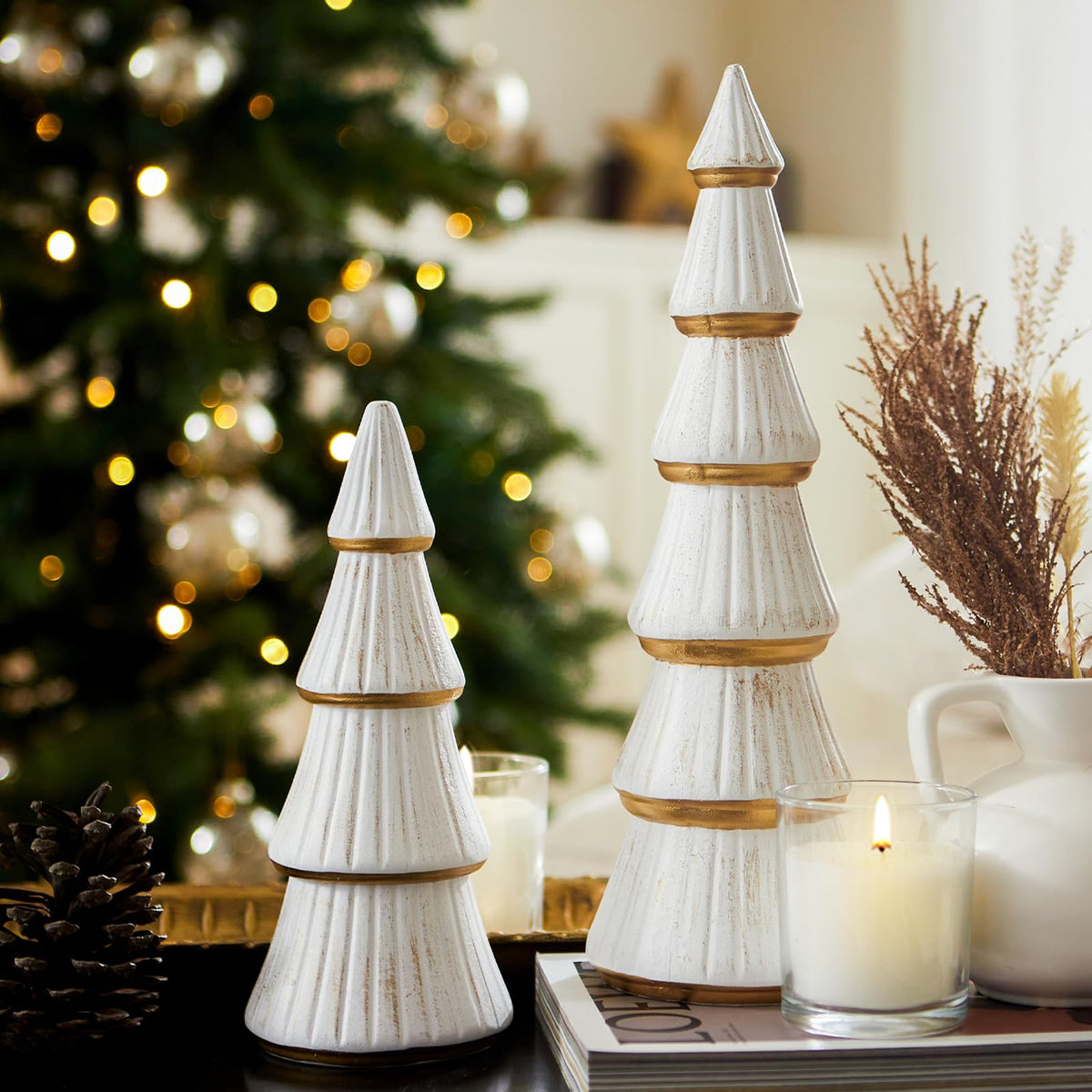 WONDROUS' DECO front view of both white and gold trees showing elegant pairing