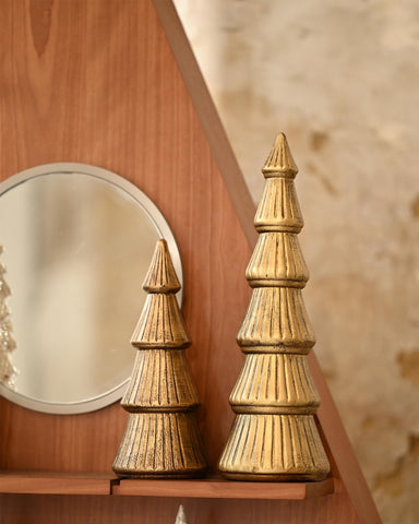 WONDROUS' DECO front view of two gold wooden trees showing elegant finish and balance