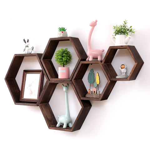 WONFUlity hexagon shelf front view showing rustic driftwood finish and stable storage