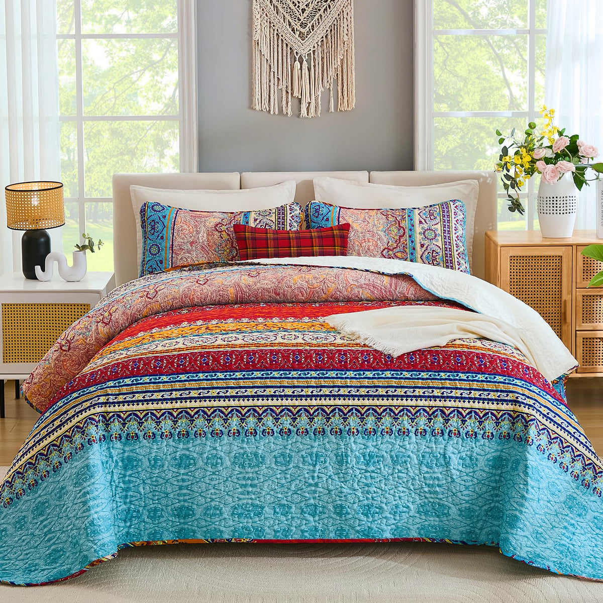 WONGS BEDDING front view showing boho quilt on king bed, adds instant style