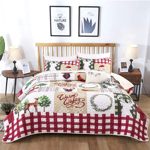 WONGS BEDDING quilt front view showing festive deer tree snowflake design for holiday cheer