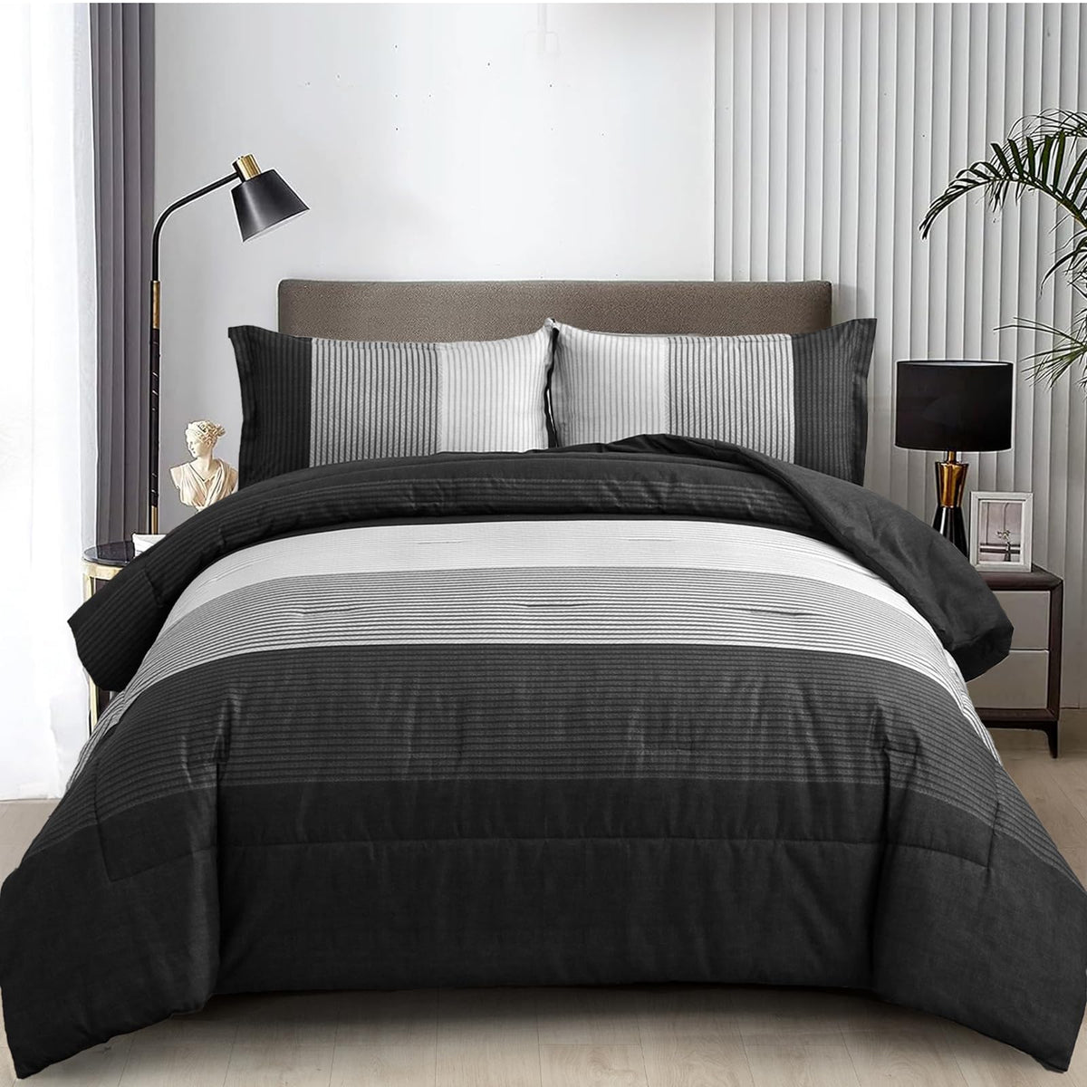 WONGS BEDDING front view of black grey stripe comforter set showing modern pattern and versatility