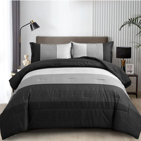 WONGS BEDDING front view of black grey stripe comforter set showing modern pattern and versatility