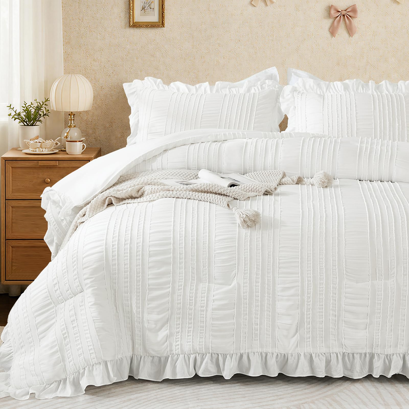 WONGS BEDDING front view of white queen comforter showing full bed coverage and tidy look